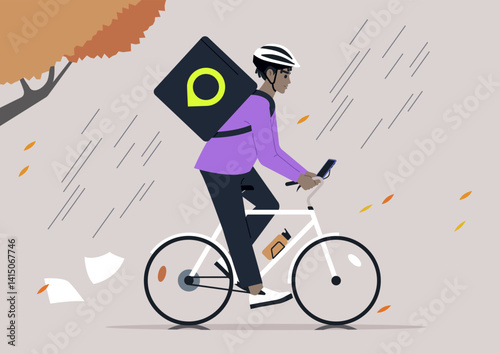 A courier navigates heavy rain and wind, showcasing resilience as they deliver packages, Fallen leaves dance in the air, and papers scatter along the street, highlighting the challenging atmosphere