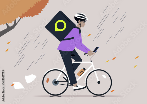 A courier navigates heavy rain and wind, showcasing resilience as they deliver packages, Fallen leaves dance in the air, and papers scatter along the street, highlighting the challenging atmosphere