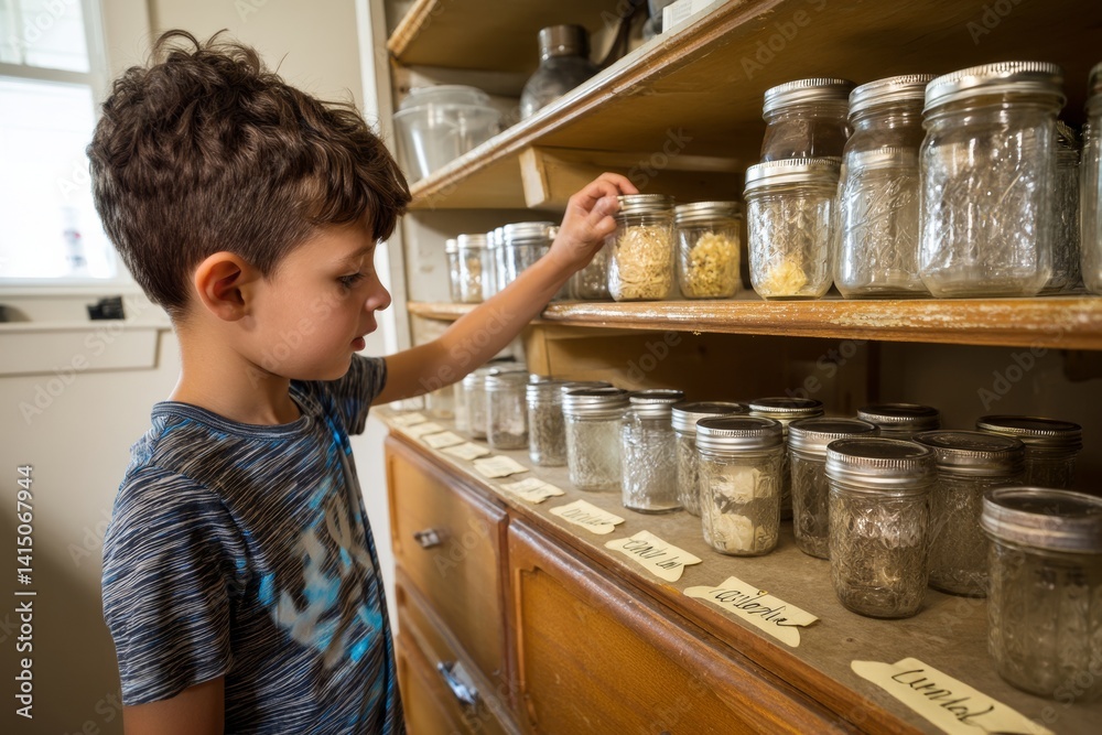 Fototapeta premium A curious young boy examines various grains stored in glass jars inside a pantry.
