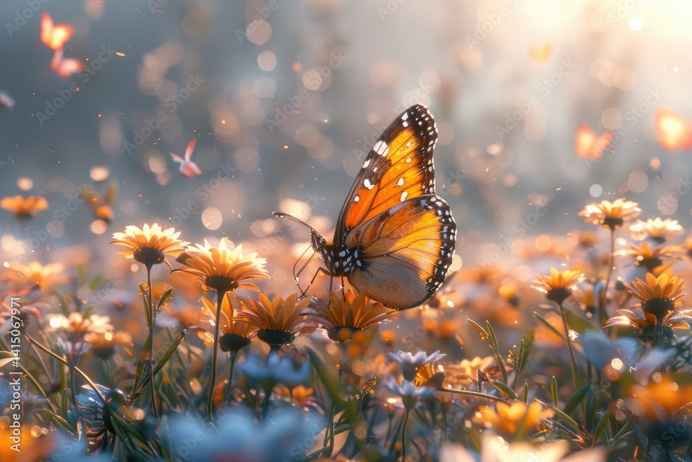 peaceful meadow filled with wildflowers and butterflies fluttering around