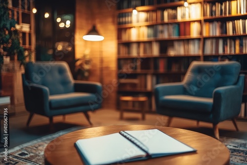 Wallpaper Mural Cozy health-focused reading nook with blue chairs and warm lighting at a community library Torontodigital.ca