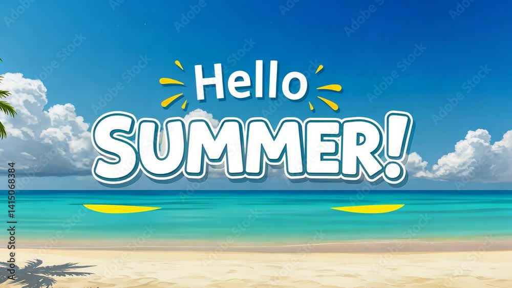 Hello Summer text message vacation concept background animation on sandy beach with blue sky holiday motion picture greeting travel and summertime fun!