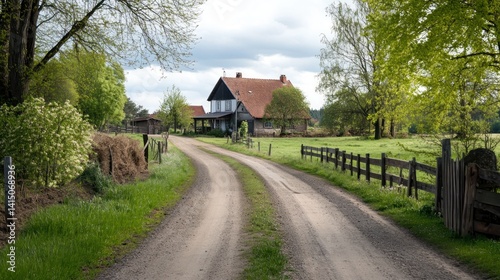 Idyllic rural road leading to a charming farmhouse with a wooden fence