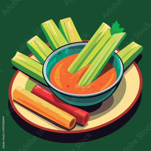 Celery sticks with dip on a plate.