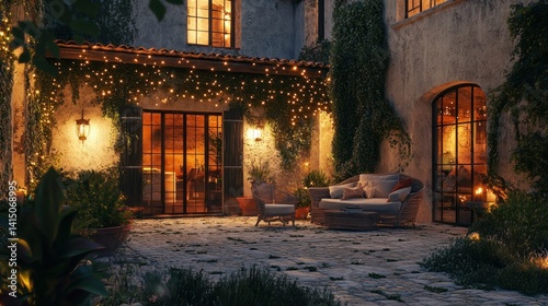 Italian villa with rustic charm, soft garden lights, and a golden sunset glow