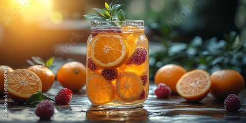 Fresh Fruit Infused Pitcher of Juice on a Wooden Table