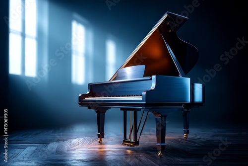 Elegant grand piano illuminated by soft light in a serene interior space at twilight