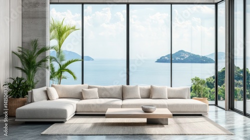 Luxurious modern living room with panoramic sea view through floor-to-ceiling windows