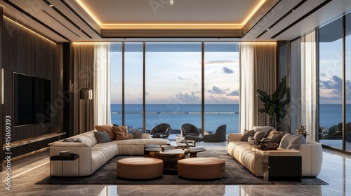 Luxurious modern living room with panoramic sea view through floor-to-ceiling windows