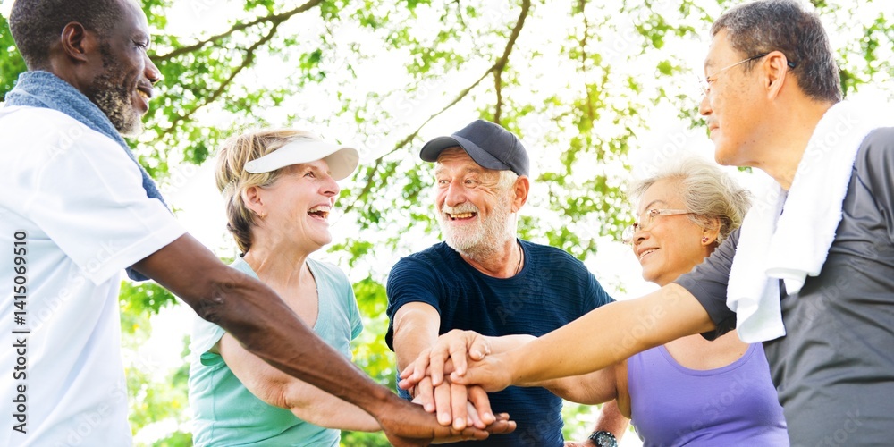 Diverse seniors enjoying outdoor exercise. Diverse senior people exercising for well being. health and wellness concept, Wellness routine. outdoor exercise for senior.