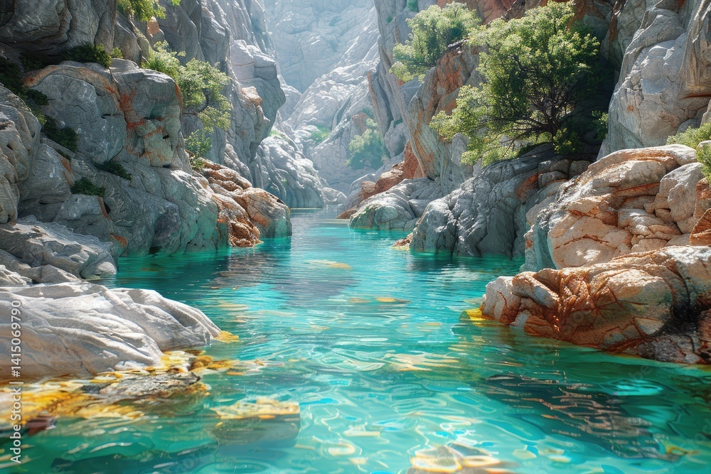 picturesque river flowing through a canyon with steep, colorful rock walls