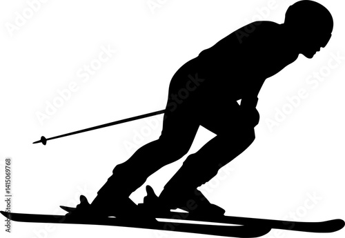 One skier racing downhill black silhouette vector with white background illustration 
