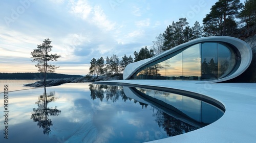 Luxury eco-friendly glass villa harmonizing with nature, featuring a sleek modern design