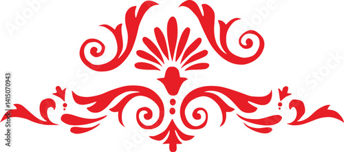 This image is a vector of a symmetrical style decorative ornament in a striking red color.