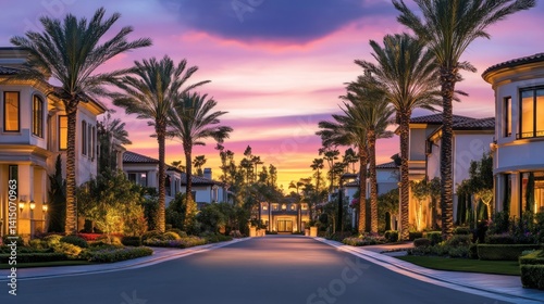 Luxury residential street with stunning mansions and palm trees at dusk