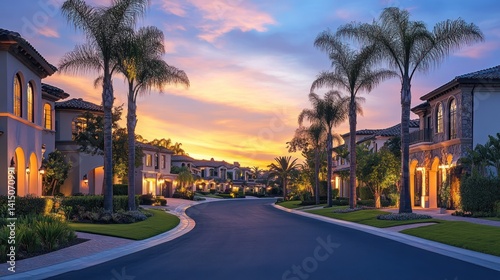 Luxury residential street with stunning mansions and palm trees at dusk