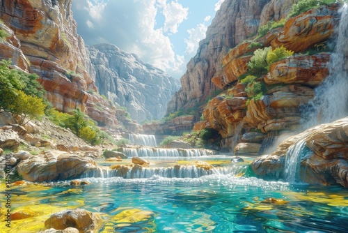 picturesque river flowing through a canyon with steep, colorful rock walls