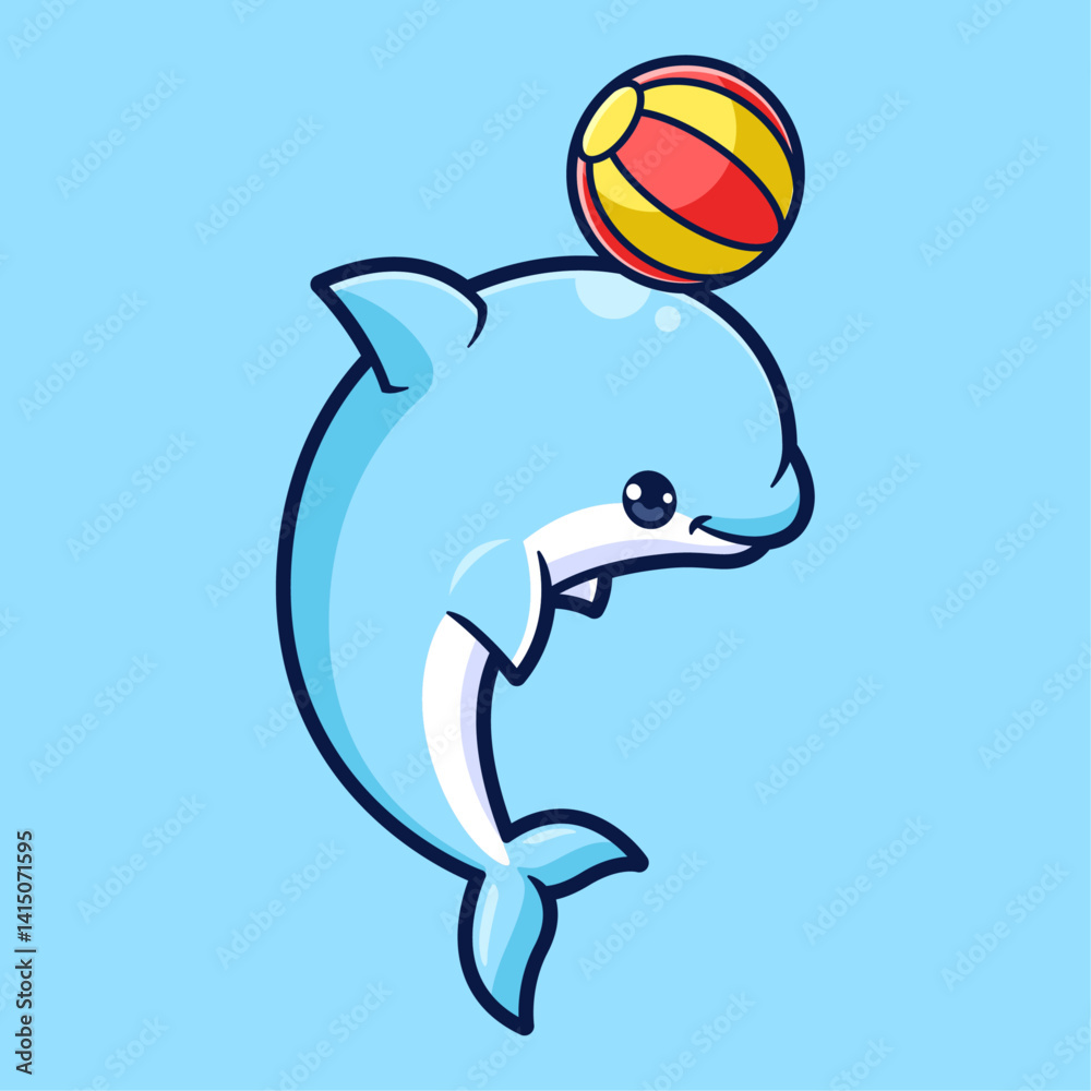 Naklejka premium cute dolphin cartoon and beach ball