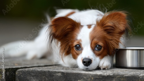 A small dog with large ears rests its head on a wooden surface beside a metal bowl, exuding a sense of calm and innocence.