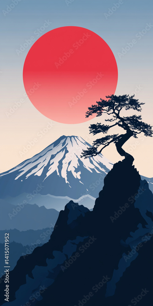 Fototapeta premium Flat vector illustration of an Asian tree on top of a mountain, with a red sun in the background.