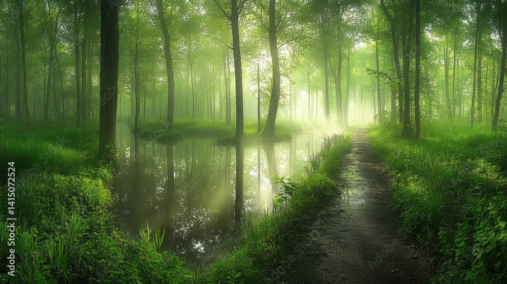 Fototapeta premium Misty forest path reflecting in tranquil pond