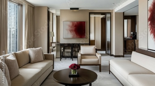 Minimalist hotel suite with high-end furniture, neutral tones, and a relaxing atmosphere