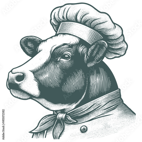 Vintage Cow Chef Illustration, Black and White Engraving Style