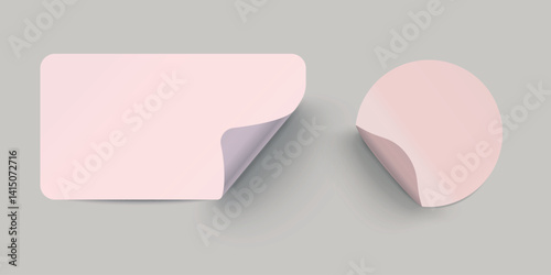 Set of realistic pink paper labels with shadow on transparent background.