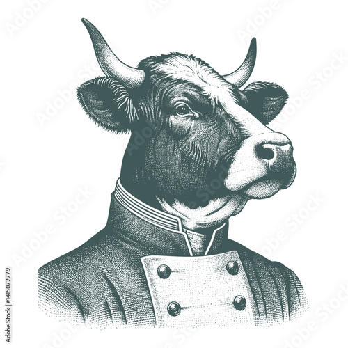Vintage Cow Chef Illustration, Black and White Engraving Style