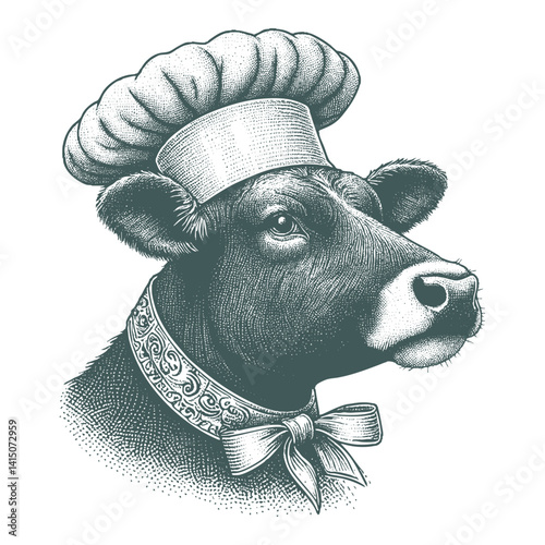 Vintage Cow Chef Illustration, Black and White Engraving Style