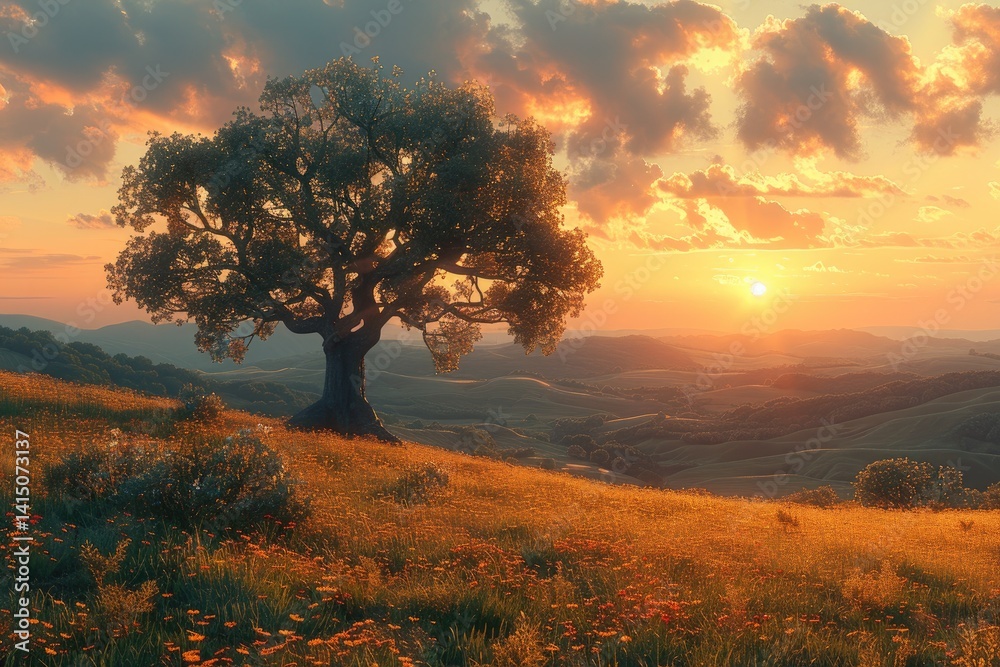 picturesque sunset over rolling hills with a lone tree silhouetted against the sky