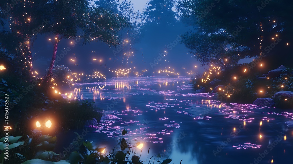 Fototapeta premium A magical landscape with softly glowing rivers and radiant foliage