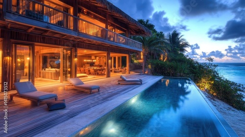 Modern beachfront villa at twilight with panoramic ocean views and soft lighting