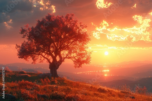 picturesque sunset over rolling hills with a lone tree silhouetted against the sky