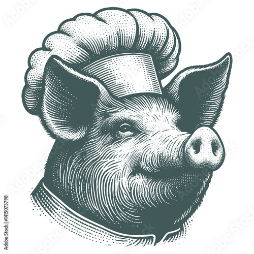 Vintage pig Chef Illustration, Black and White Engraving Style