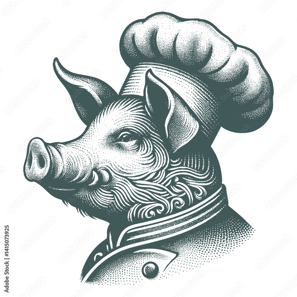 Obraz premium Vintage pig Chef Illustration, Black and White Engraving Style