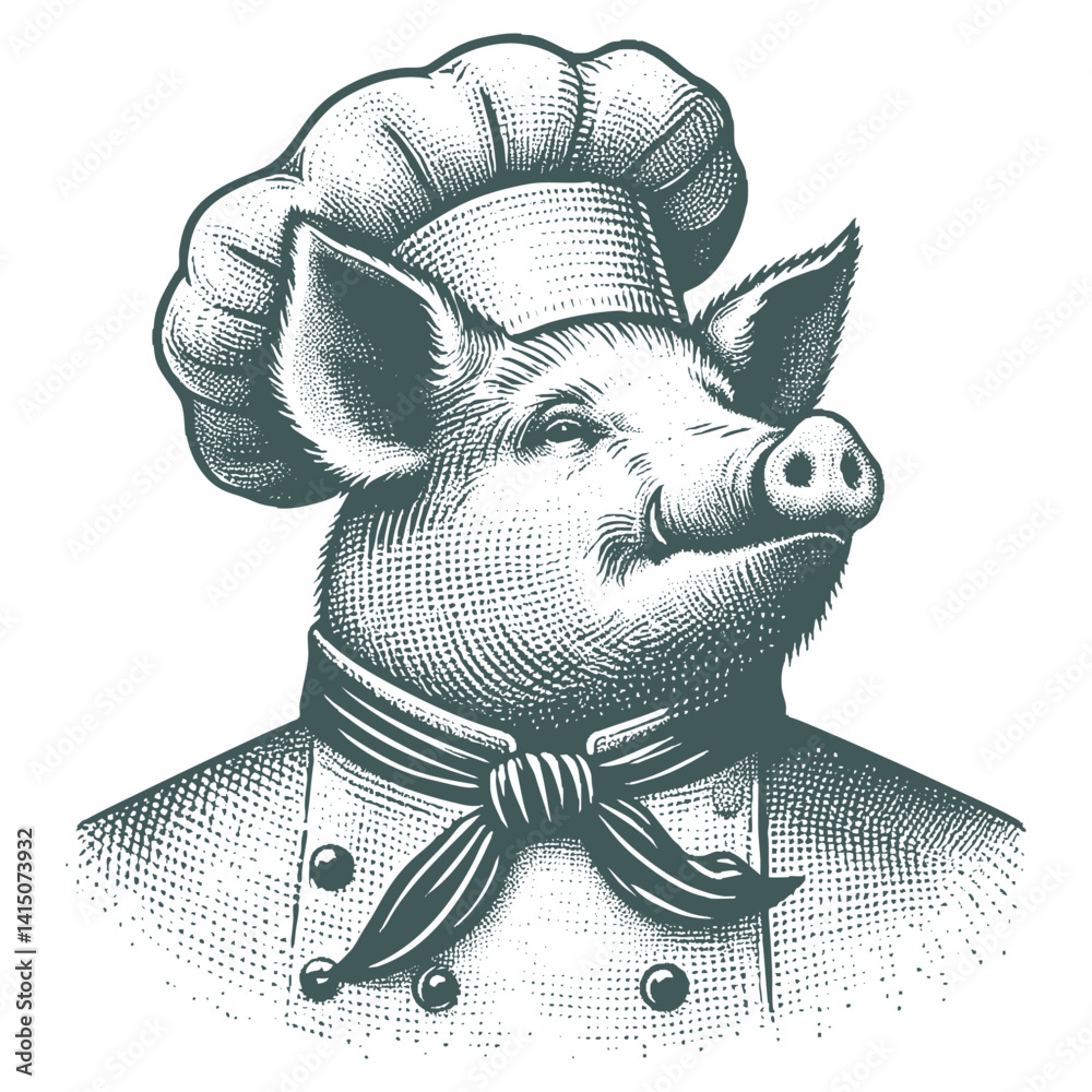 Obraz premium Vintage pig Chef Illustration, Black and White Engraving Style
