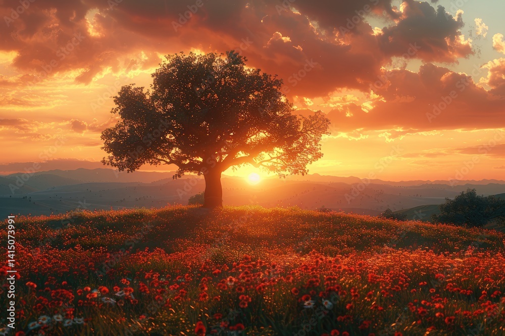 picturesque sunset over rolling hills with a lone tree silhouetted against the sky