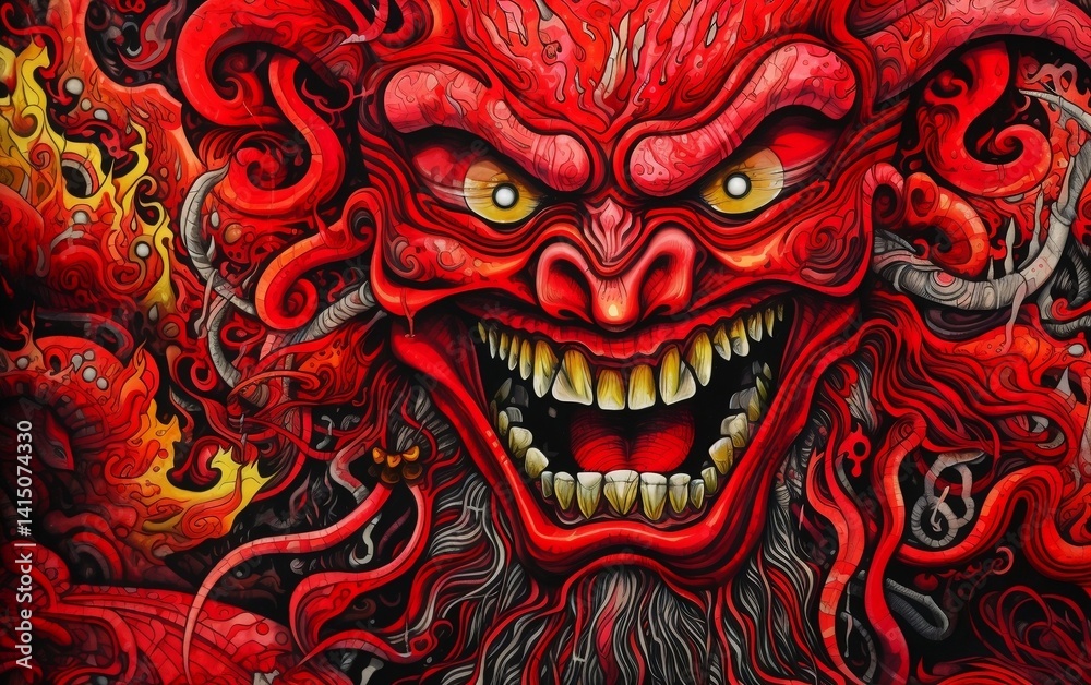 Vivid depiction of a fierce red demon expressing rage and strength, surrounded by swirling flames and intricate patterns in a cultural art style, captivating viewers with its intensity Vivid depiction of a fierce red demon expressing rage and strength, surrounded by swirling flames and intricate patterns in a cultural art style, captivating viewers with its intensity