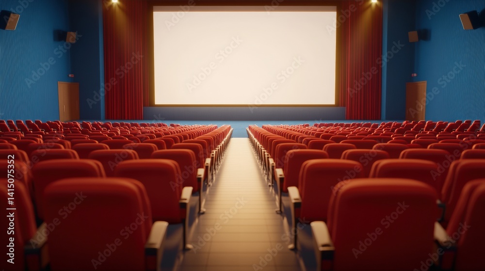 A modern cinema hall with rows of red seats facing a large blank screen, designed for a comfortable movie-watching experience. A modern cinema hall with rows of red seats facing a large blank screen, designed for a comfortable movie-watching experience.