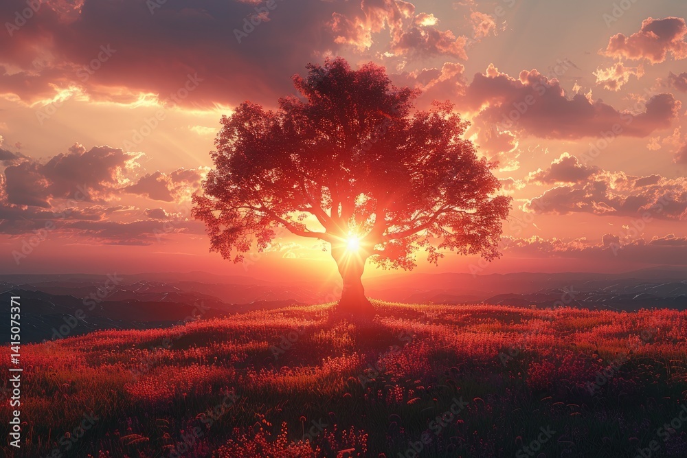 picturesque sunset over rolling hills with a lone tree silhouetted against the sky
