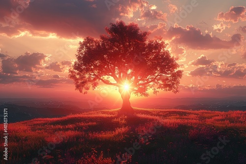 Obraz na płótnie picturesque sunset over rolling hills with a lone tree silhouetted against the sky w salonie