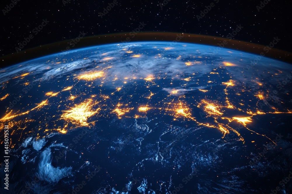Planet Earth illuminated at night showcasing city lights and natural landscapes from space
