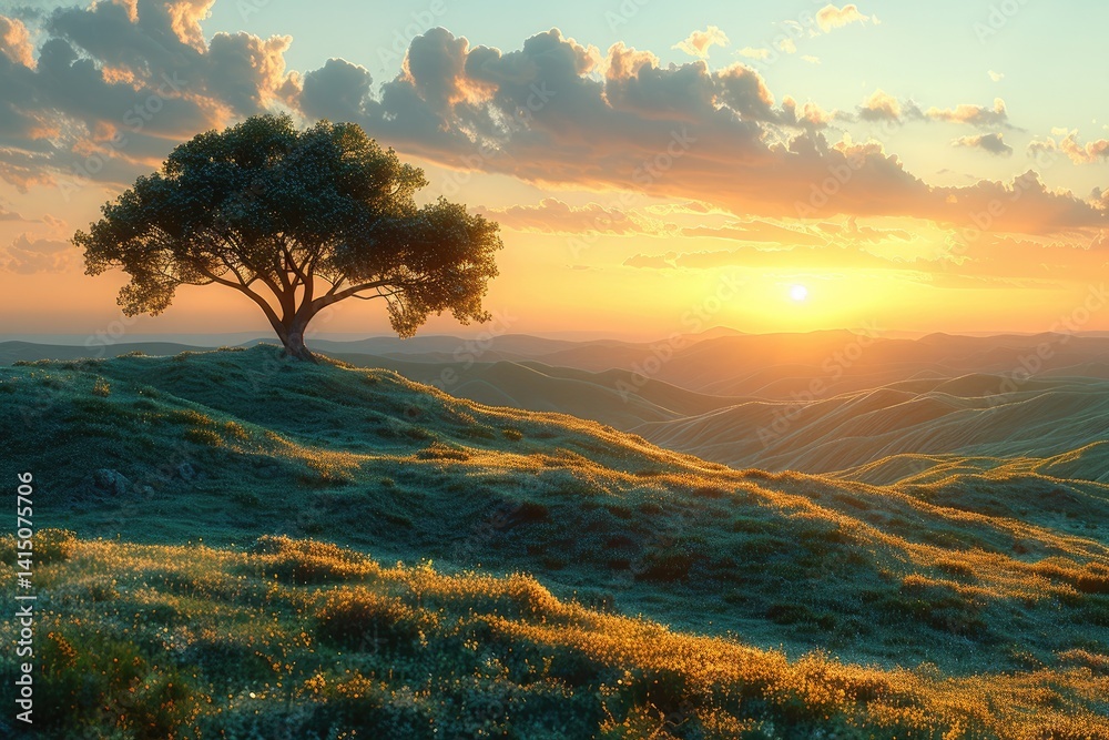 picturesque sunset over rolling hills with a lone tree silhouetted against the sky