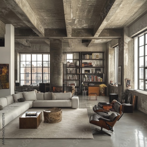 A loft-style living room with exposed concrete features and a modern aesthetic. photo