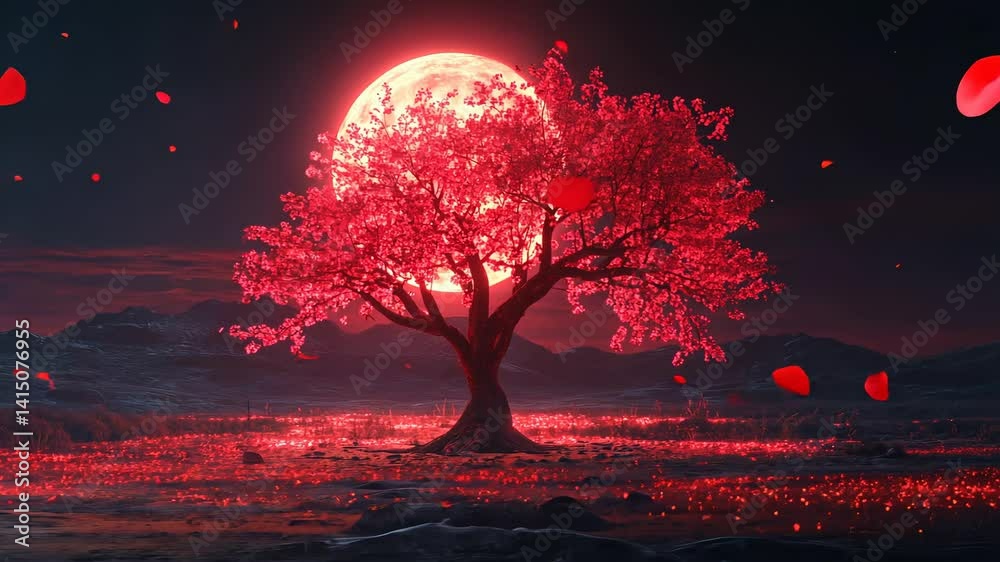 Red blossoms falling from tree against full moon at night motion picture. Fantasy landscape with petals. Romantic scene video footage with mysterious vibe background.