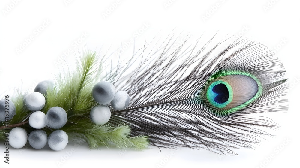 Obraz premium Elegant Peacock Feather with Vibrant Colors and Decorative Floral Elements on White Background