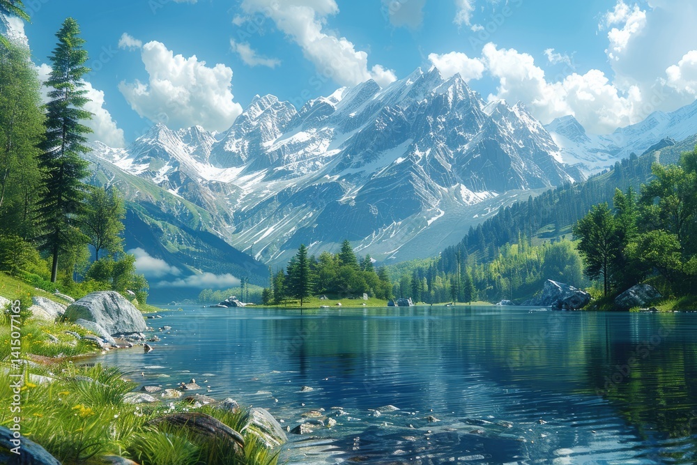 breathtaking mountain range with snow-capped peaks under a clear blue sky