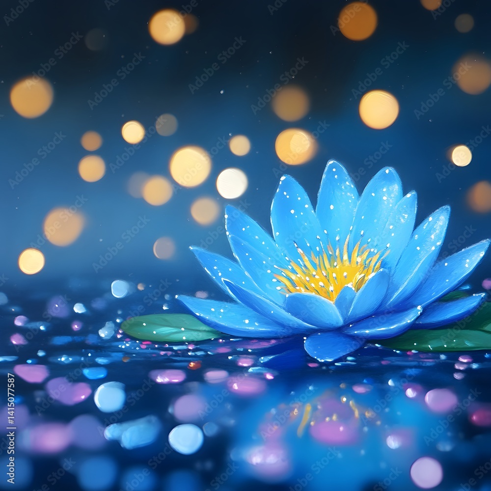 Beautiful Blue Lotus Flower Floating on Calm Water Surface with Bokeh Lights and Reflection Beautiful Blue Lotus Flower Floating on Calm Water Surface with Bokeh Lights and Reflection