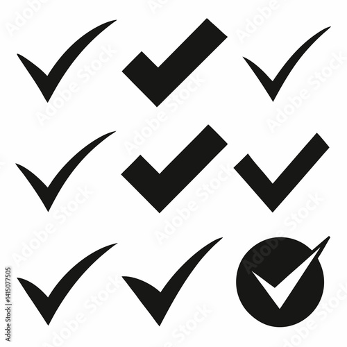 A Collection of Various Check Mark Icons in Black Silhouette Style